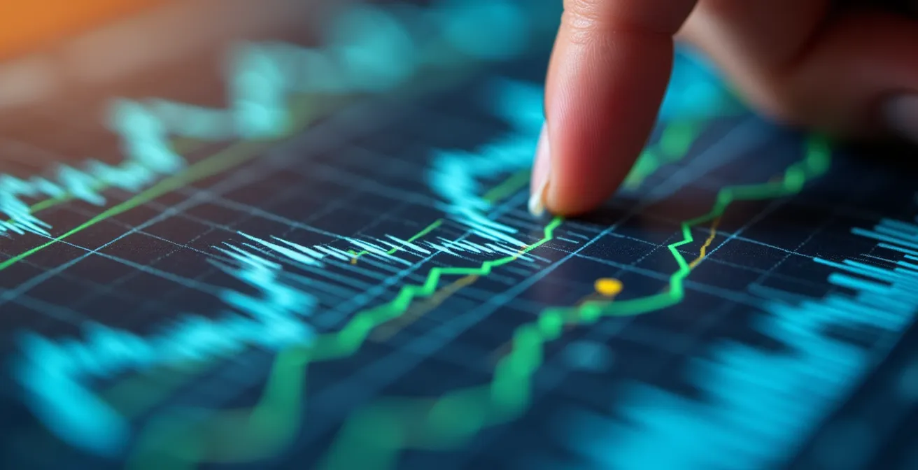 Vue macro de graphiques financiers colorés avec une main pointant une courbe de croissance