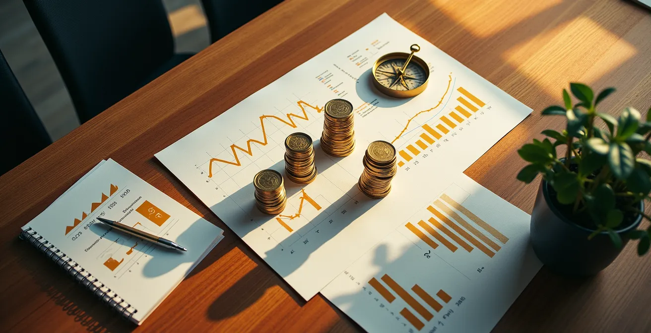 Vue aérienne d'un bureau avec documents financiers, calculatrice et graphiques de projection disposés de manière organisée