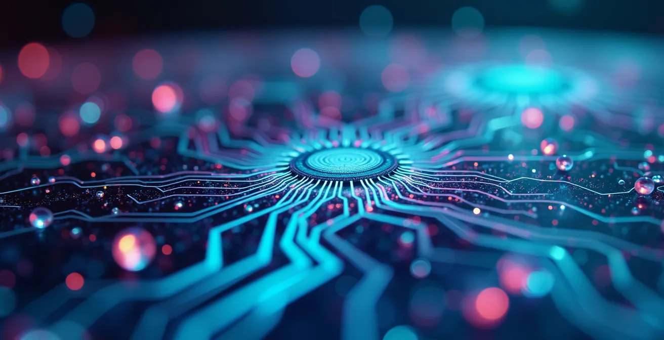 Vue macro de circuits numériques abstraits symbolisant la protection des contenus en ligne