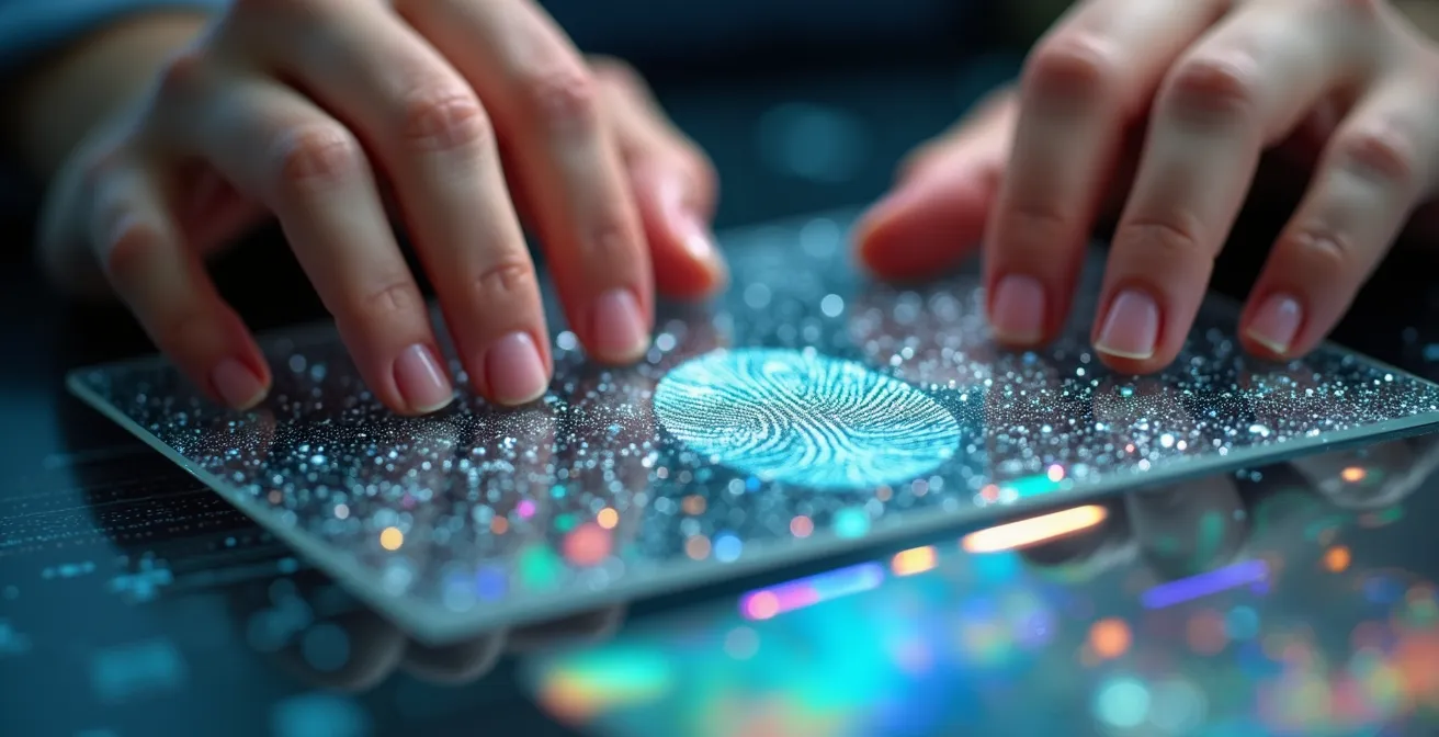 Gros plan sur des mains manipulant des objets symbolisant la protection des créations numériques