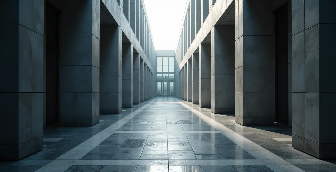 Représentation symbolique de la protection juridique avec un bouclier moderne et des éléments architecturaux suggérant la solidité