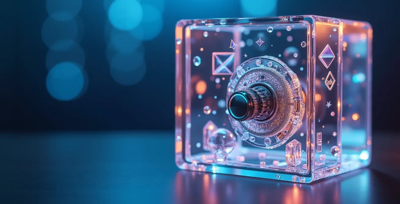 Coffre-fort transparent contenant des éléments symboliques de propriété intellectuelle