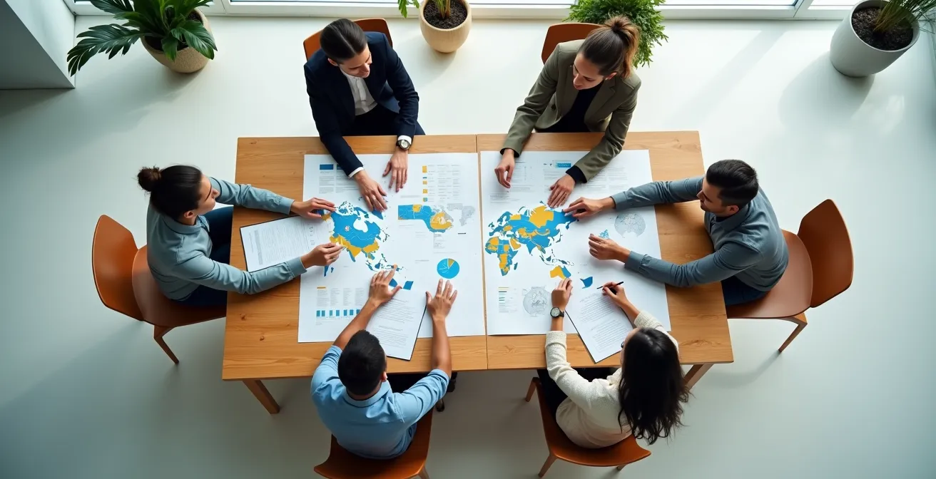 Vue aérienne d'un bureau moderne avec plusieurs personnes travaillant autour d'une grande table, cartes et documents flous visibles
