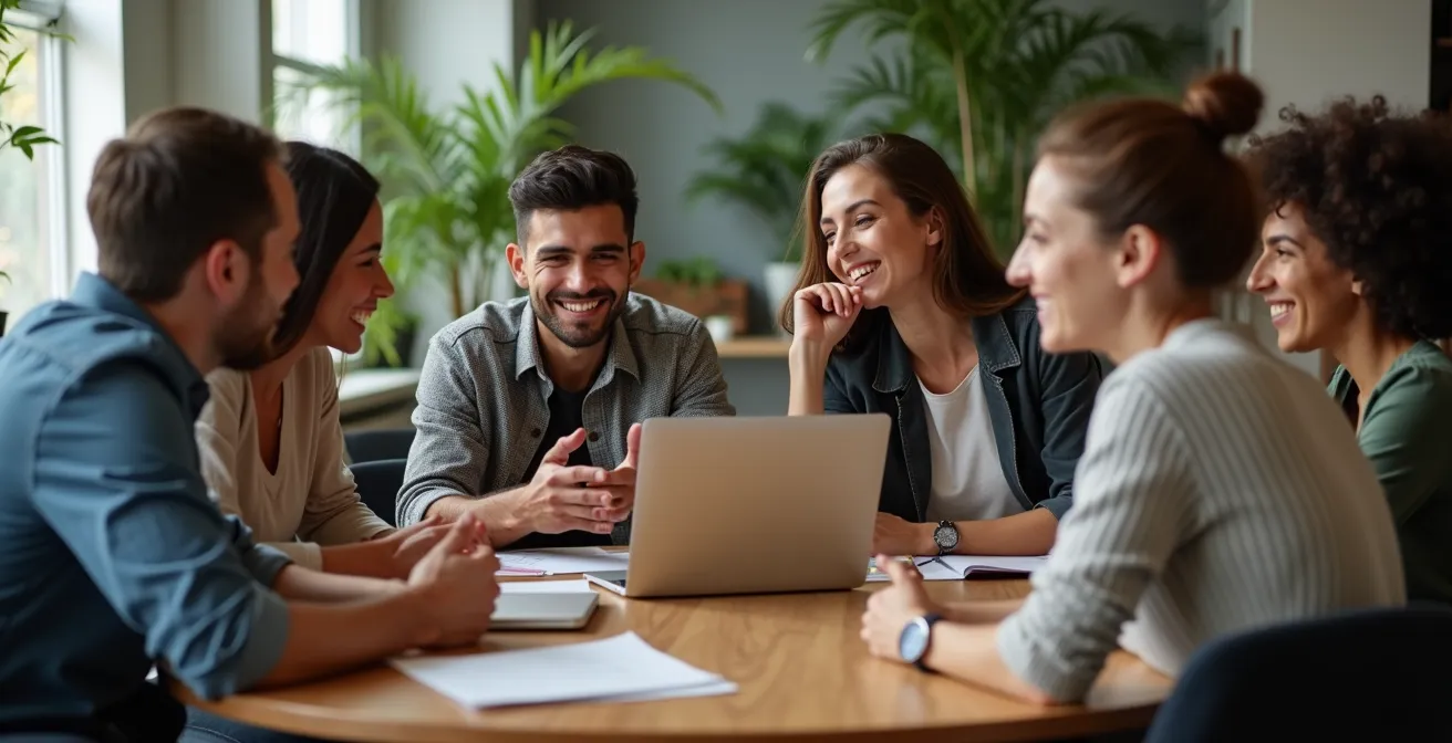 Groupe d'entrepreneurs en discussion autour d'une table ronde dans un espace de coworking lumineux