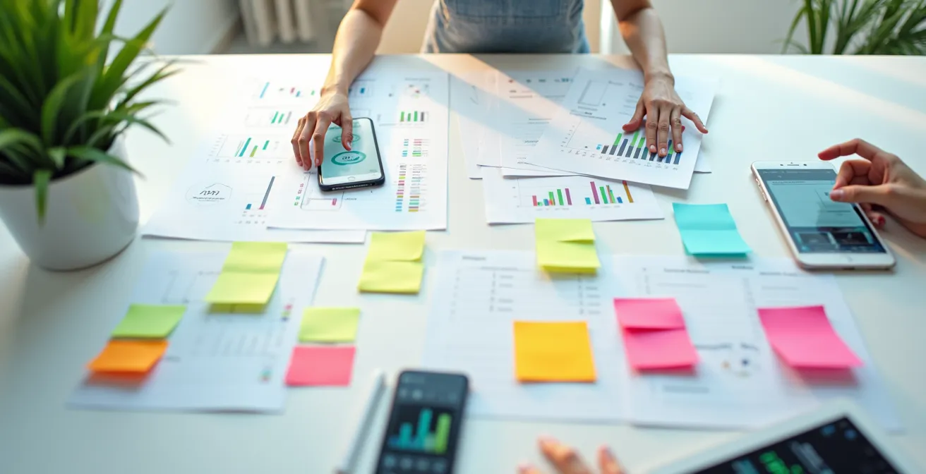 Vue aérienne d'un bureau avec calendrier, post-its et outils de planification pour organiser une campagne