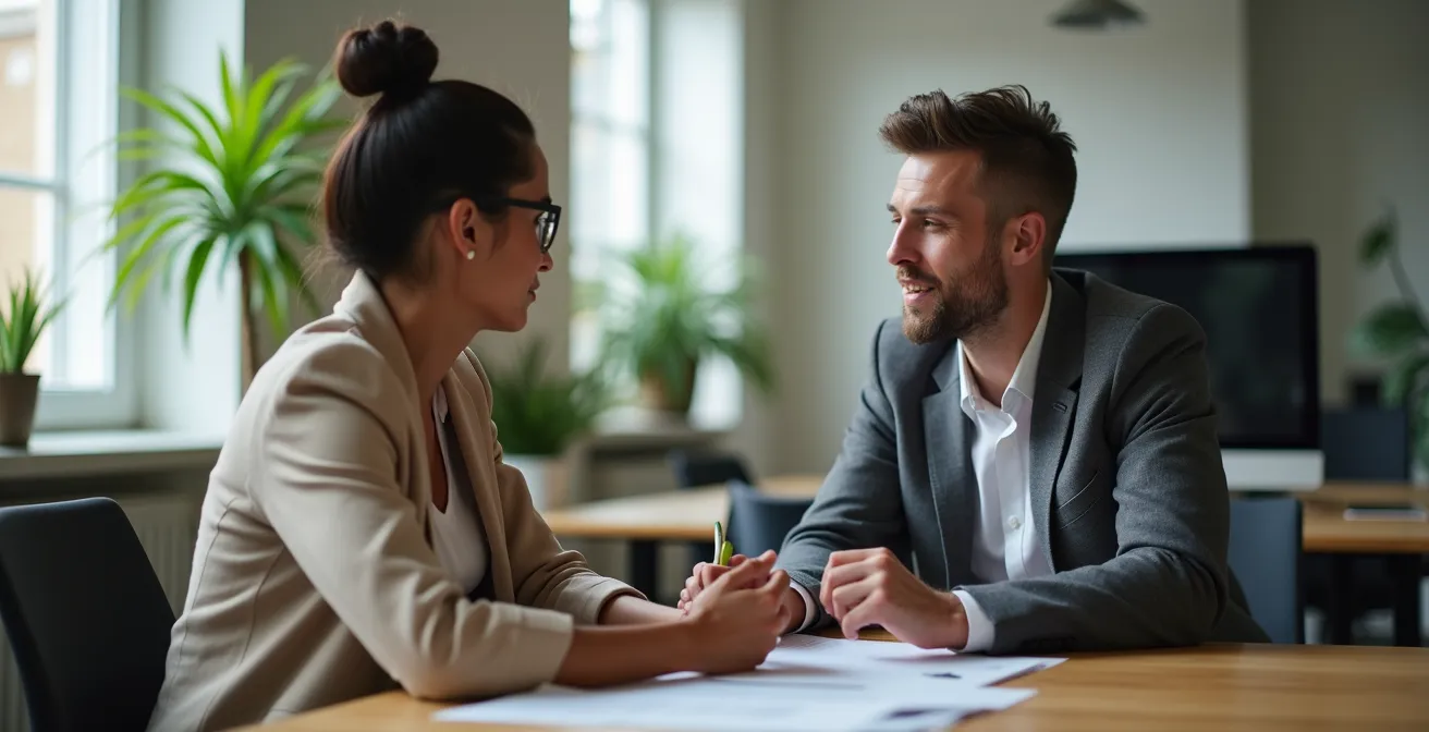 Manager et employé en discussion autour de documents contractuels