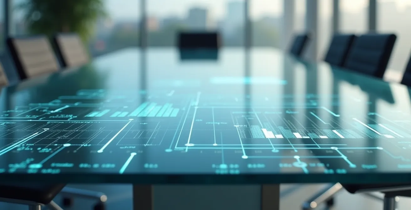 Tableau de bord prospectif moderne avec indicateurs avancés visualisés sur une surface en verre
