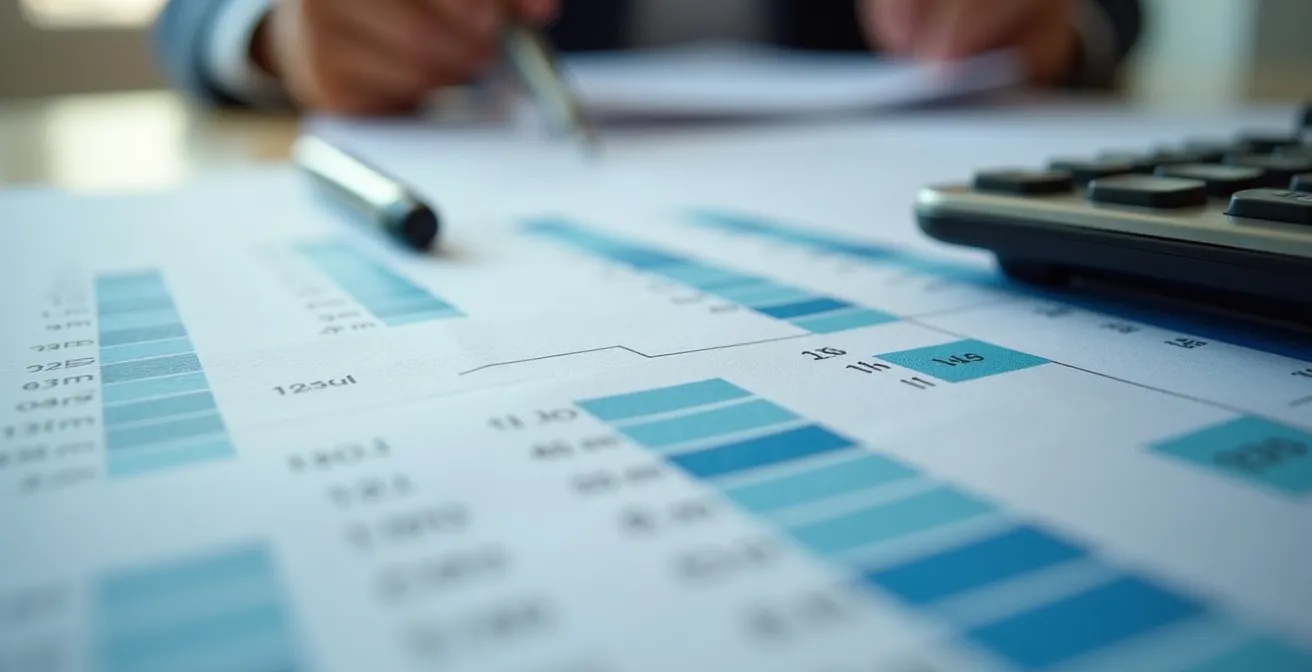 Vue macro de documents financiers avec graphiques abstraits