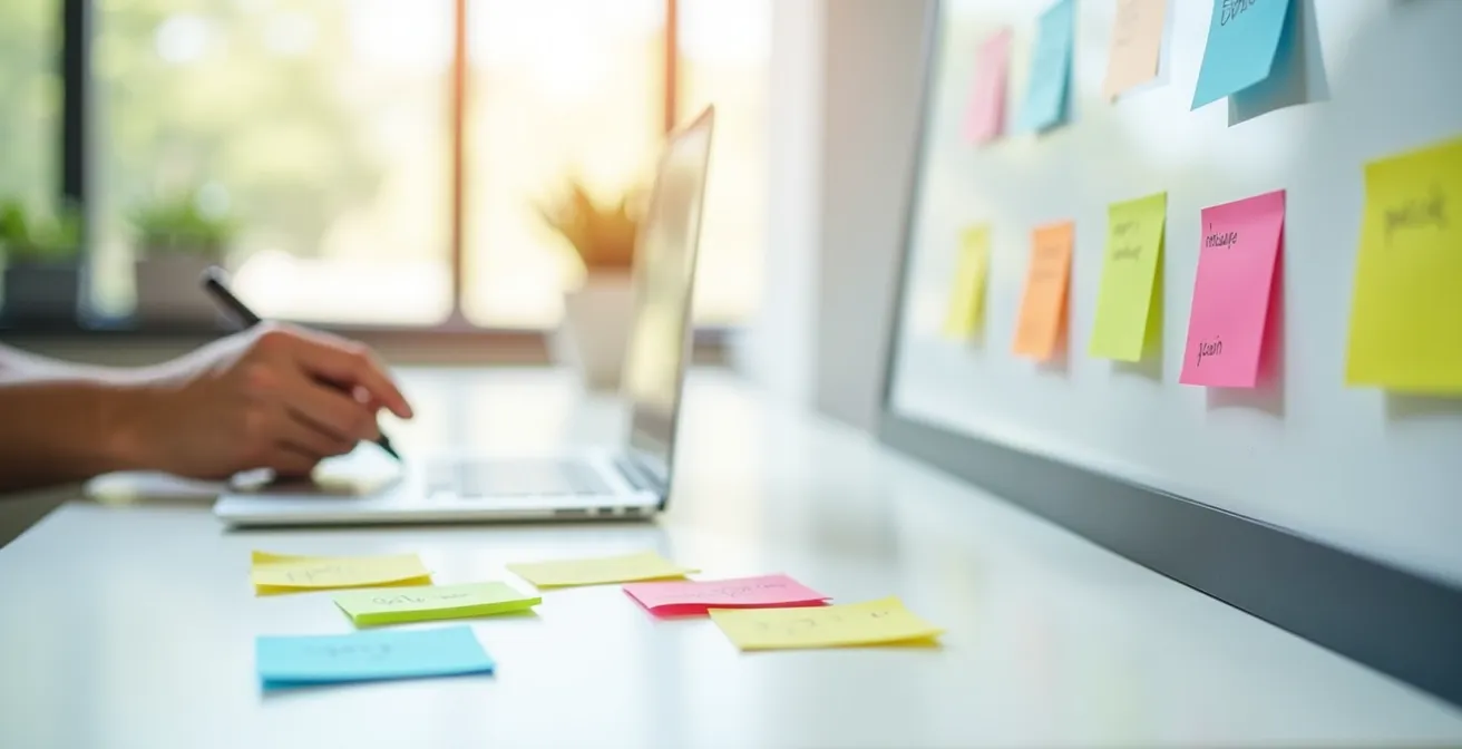 Tableau de bord visuel avec post-its colorés représentant le processus de validation d'une idée d'entreprise