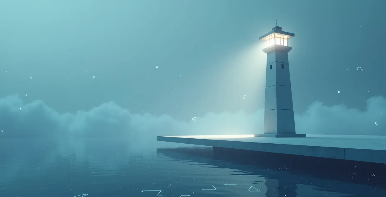Vue aérienne minimaliste d'un phare moderne éclairant des vagues de données dans un océan d'informations numériques